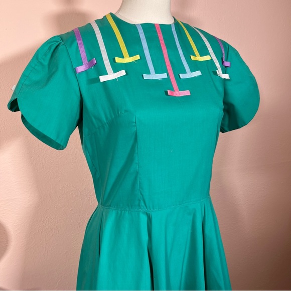Vintage Cottagecore Full Skirt Ribbon detail green teal Party Dress Country Sm - Picture 3 of 17